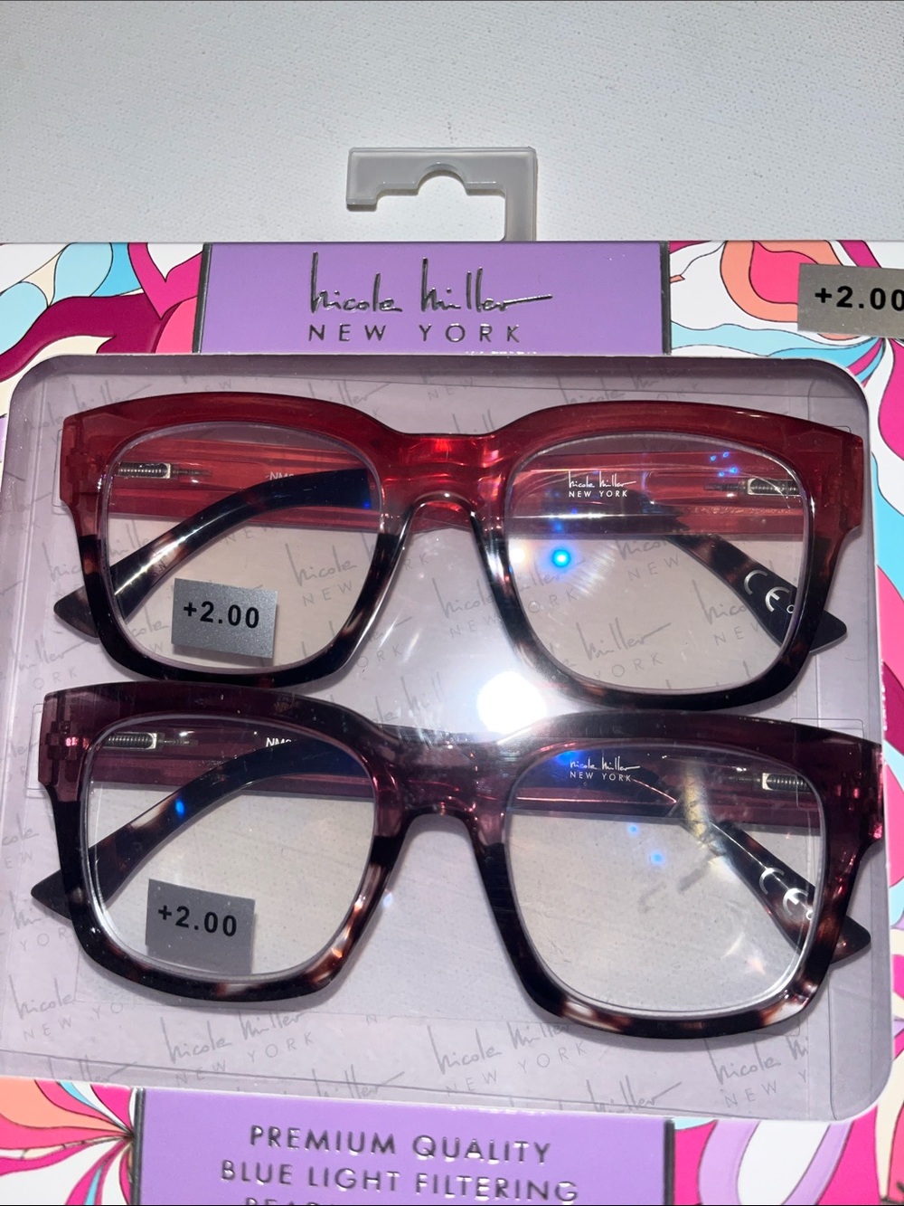 Bluelight Reading Glasses womens +2.00  pink purple  print Nicole Miller